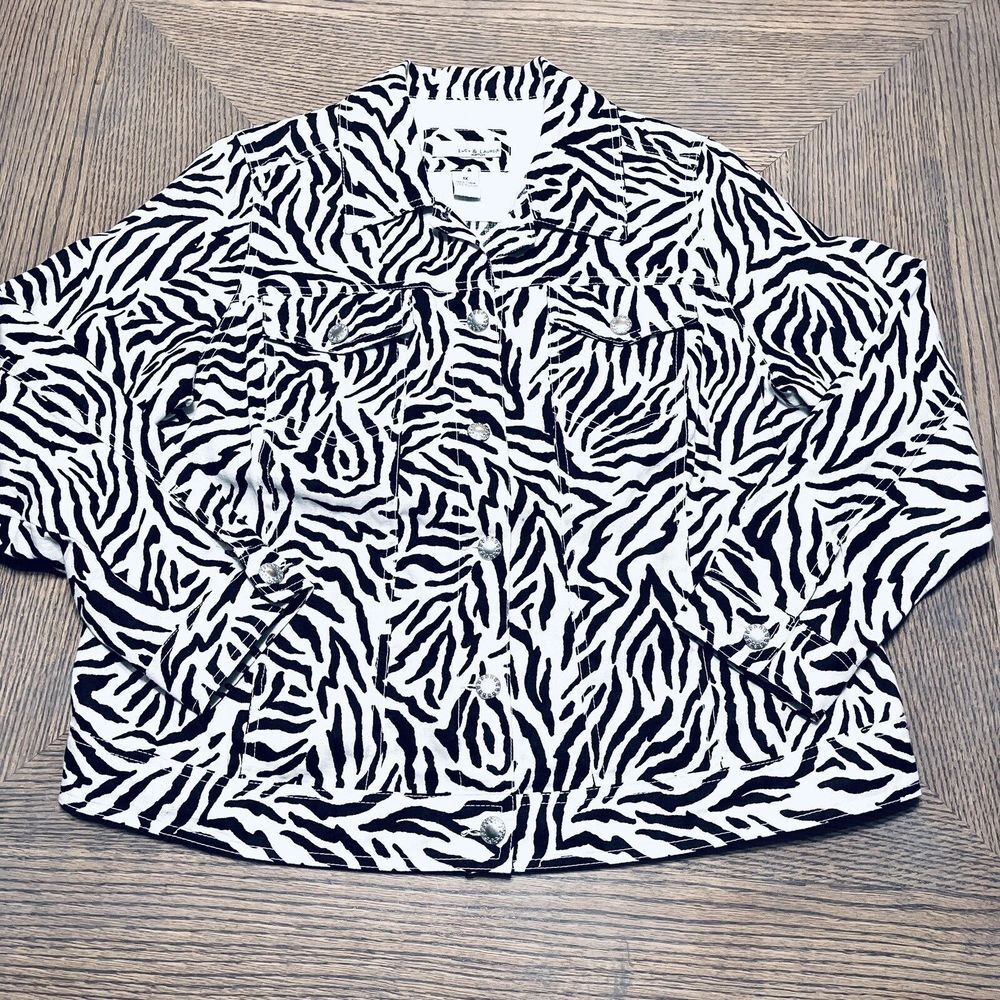 Lucy‎ & Laurel Woman Linen Jacket Zebra Black White 1X Long Sleeve Womens Plus